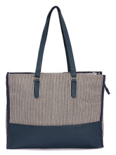 RIMROCK Striped Canvas Tote Bag with Navy Leather Trim, Large Shoulder Straps, Black and White
